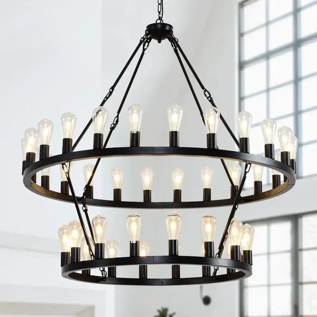 Main image of 47.24 inch Matte Black Wagon Wheel Chandelier with 36-Lights (24+12) (No Bulbs)