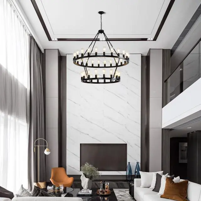 Alt view image 2 of 7 - 47.24 inch Matte Black Wagon Wheel Chandelier with 36-Lights (24+12) (No Bulbs)
