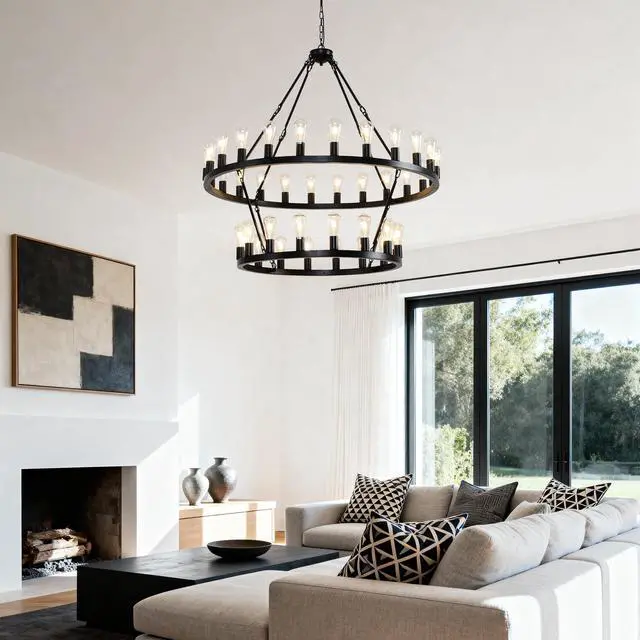 Alt view image 5 of 7 - 47.24 inch Matte Black Wagon Wheel Chandelier with 36-Lights (24+12) (No Bulbs)