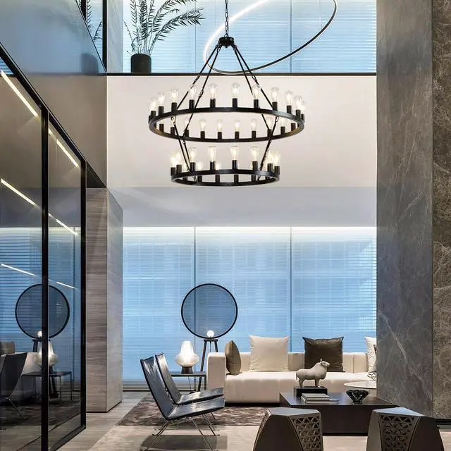 Alt view image 4 of 7 - 47.24 inch Matte Black Wagon Wheel Chandelier with 36-Lights (24+12) (No Bulbs)