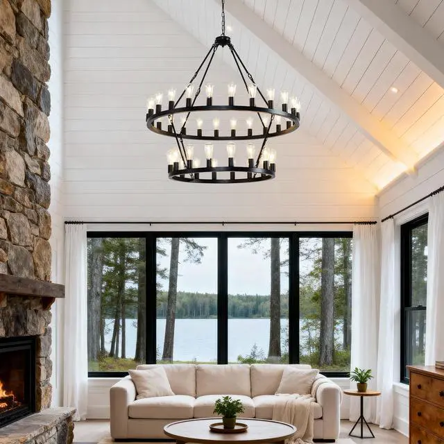 Alt view image 3 of 7 - 47.24 inch Matte Black Wagon Wheel Chandelier with 36-Lights (24+12) (No Bulbs)