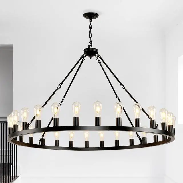 Main image of 53.15 inch Black Extra Large Wagon Wheel Chandelier, 28-Lights Farmhouse industrial Round High Ceiling Pendant Light Adjustable Chain, for Dining Room, Living Room-E26