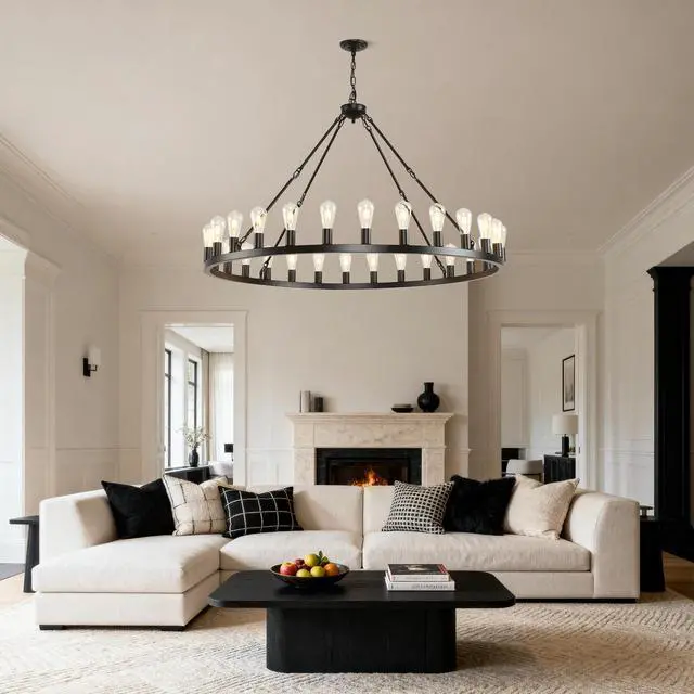Alt view image 2 of 7 - 53.15 inch Black Extra Large Wagon Wheel Chandelier, 28-Lights Farmhouse industrial Round High Ceiling Pendant Light Adjustable Chain, for Dining Room, Living Room-E26