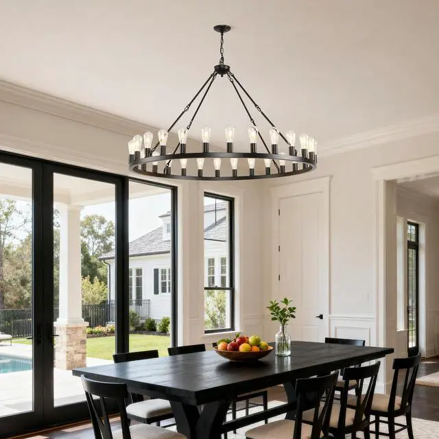 Alt view image 3 of 7 - 53.15 inch Black Extra Large Wagon Wheel Chandelier, 28-Lights Farmhouse industrial Round High Ceiling Pendant Light Adjustable Chain, for Dining Room, Living Room-E26