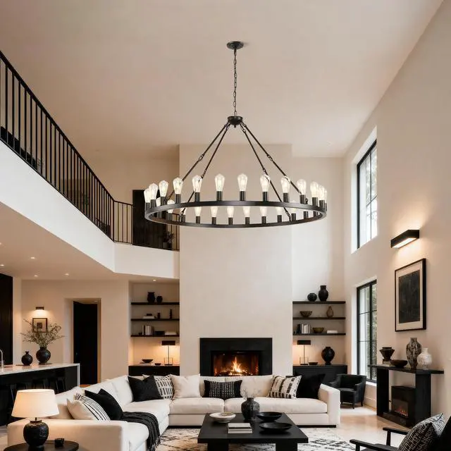 Alt view image 4 of 7 - 53.15 inch Black Extra Large Wagon Wheel Chandelier, 28-Lights Farmhouse industrial Round High Ceiling Pendant Light Adjustable Chain, for Dining Room, Living Room-E26