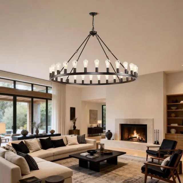 Alt view image 5 of 7 - 53.15 inch Black Extra Large Wagon Wheel Chandelier, 28-Lights Farmhouse industrial Round High Ceiling Pendant Light Adjustable Chain, for Dining Room, Living Room-E26