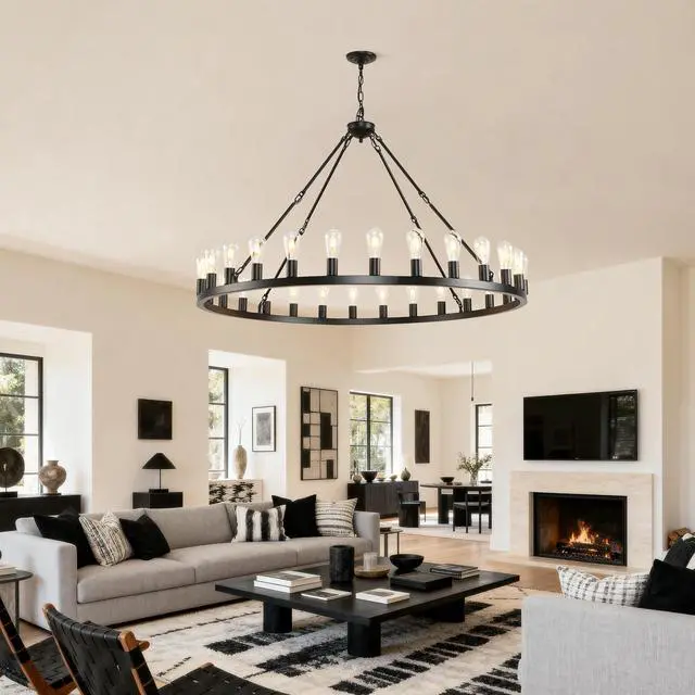 Alt view image 6 of 7 - 53.15 inch Black Extra Large Wagon Wheel Chandelier, 28-Lights Farmhouse industrial Round High Ceiling Pendant Light Adjustable Chain, for Dining Room, Living Room-E26