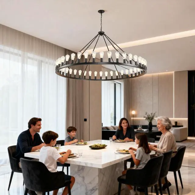 Alt view image 2 of 7 - 64 inch Black Extra Large Wagon Wheel Chandelier, 42-Lights Farmhouse industrial Round High Ceiling Pendant Light Adjustable Chain, for Dining Room, Living Room--E26