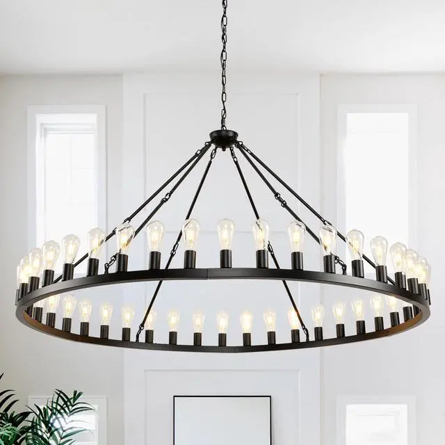 Main image of 64 inch Black Extra Large Wagon Wheel Chandelier, 42-Lights Farmhouse industrial Round High Ceiling Pendant Light Adjustable Chain, for Dining Room, Living Room--E26