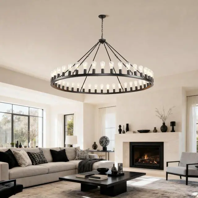 Alt view image 4 of 7 - 64 inch Black Extra Large Wagon Wheel Chandelier, 42-Lights Farmhouse industrial Round High Ceiling Pendant Light Adjustable Chain, for Dining Room, Living Room--E26