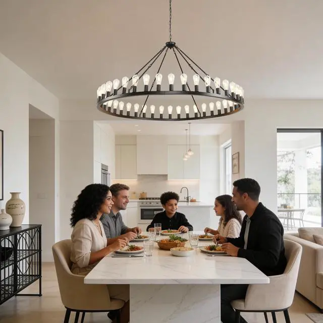 Alt view image 3 of 7 - 64 inch Black Extra Large Wagon Wheel Chandelier, 42-Lights Farmhouse industrial Round High Ceiling Pendant Light Adjustable Chain, for Dining Room, Living Room--E26