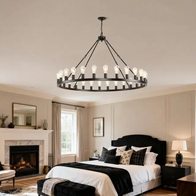Alt view image 7 of 7 - 53.15 inch Black Extra Large Wagon Wheel Chandelier, 28-Lights Farmhouse industrial Round High Ceiling Pendant Light Adjustable Chain, for Dining Room, Living Room-E26