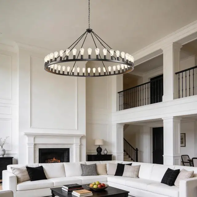 Alt view image 5 of 7 - 64 inch Black Extra Large Wagon Wheel Chandelier, 42-Lights Farmhouse industrial Round High Ceiling Pendant Light Adjustable Chain, for Dining Room, Living Room--E26