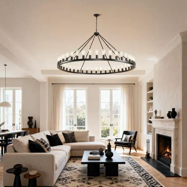 Alt view image 6 of 7 - 64 inch Black Extra Large Wagon Wheel Chandelier, 42-Lights Farmhouse industrial Round High Ceiling Pendant Light Adjustable Chain, for Dining Room, Living Room--E26
