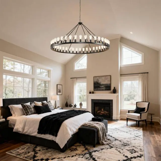 Alt view image 7 of 7 - 64 inch Black Extra Large Wagon Wheel Chandelier, 42-Lights Farmhouse industrial Round High Ceiling Pendant Light Adjustable Chain, for Dining Room, Living Room--E26