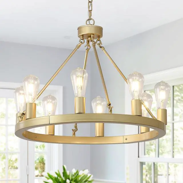 Main image of 8-Light (No Bulbs) Gold Wagon Wheel Chandeilier with Light-E26