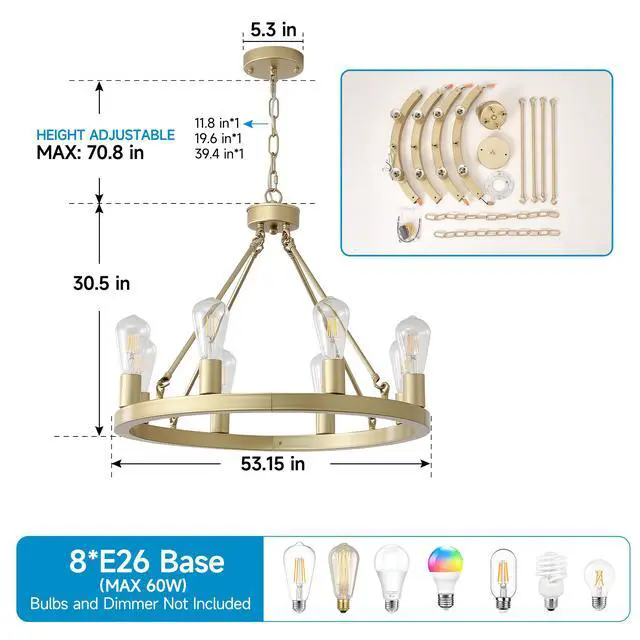 Alt view image 7 of 7 - 8-Light (No Bulbs) Gold Wagon Wheel Chandeilier with Light-E26