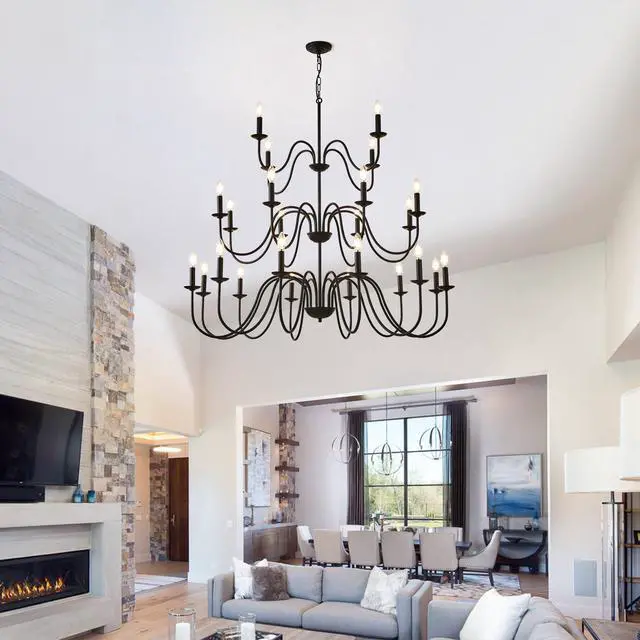 Alt view image 2 of 7 - Farmhouse Chandelier, Black Metal Chandeliers Light Fixtures industrial for High Ceiling Living Dining Room Foyer. Adjustable Height-E12