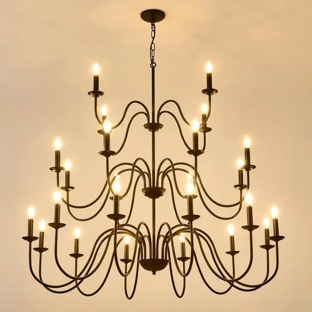 Alt view image 4 of 7 - Farmhouse Chandelier, Black Metal Chandeliers Light Fixtures industrial for High Ceiling Living Dining Room Foyer. Adjustable Height-E12