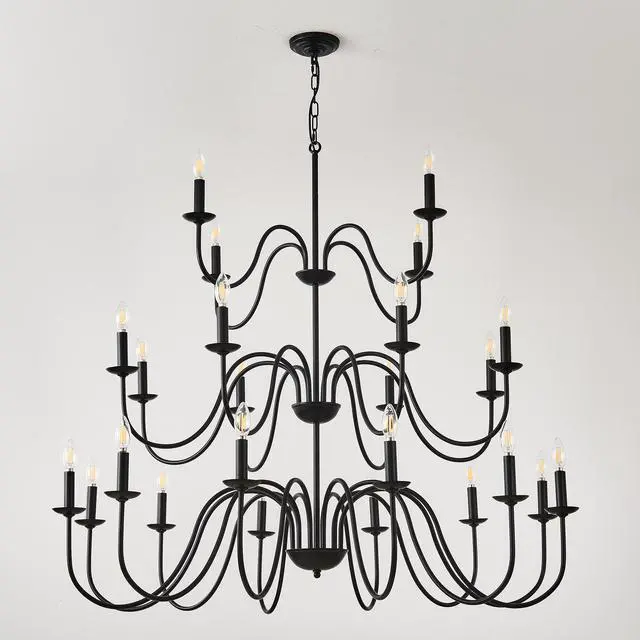 Alt view image 3 of 7 - Farmhouse Chandelier, Black Metal Chandeliers Light Fixtures industrial for High Ceiling Living Dining Room Foyer. Adjustable Height-E12