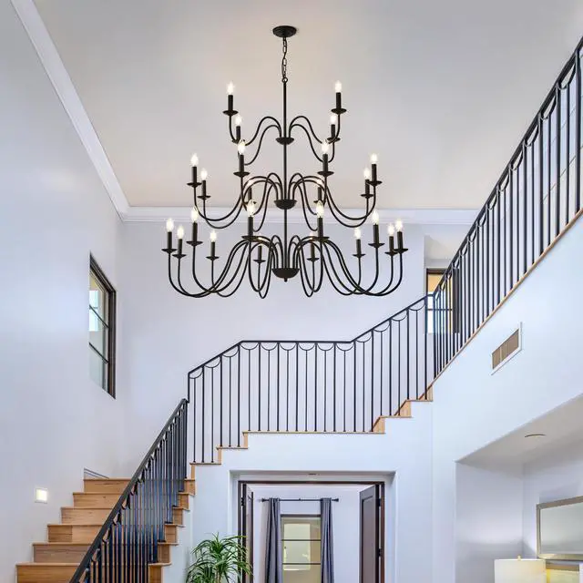 Alt view image 5 of 7 - Farmhouse Chandelier, Black Metal Chandeliers Light Fixtures industrial for High Ceiling Living Dining Room Foyer. Adjustable Height-E12