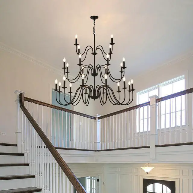 Alt view image 6 of 7 - Farmhouse Chandelier, Black Metal Chandeliers Light Fixtures industrial for High Ceiling Living Dining Room Foyer. Adjustable Height-E12