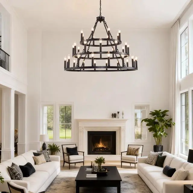 Alt view image 2 of 7 - 39.37 inch 3 Tiers Wagon Wheel Chandelier Farmhouse 36-Light(8+12+16) , Black Metal Chandeliers 3-Story Light Fixtures industrial for High Ceiling Living Dining Room Foyer. Adjustable Height-E12