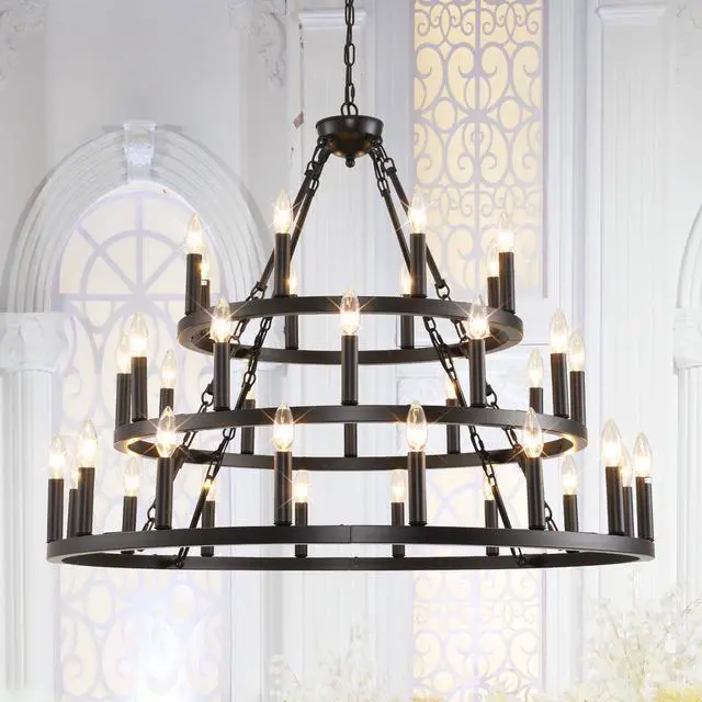 Main image of 39.37 inch 3 Tiers Wagon Wheel Chandelier Farmhouse 36-Light(8+12+16) , Black Metal Chandeliers 3-Story Light Fixtures industrial for High Ceiling Living Dining Room Foyer. Adjustable Height-E12