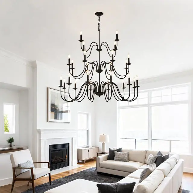 Alt view image 7 of 7 - Farmhouse Chandelier, Black Metal Chandeliers Light Fixtures industrial for High Ceiling Living Dining Room Foyer. Adjustable Height-E12