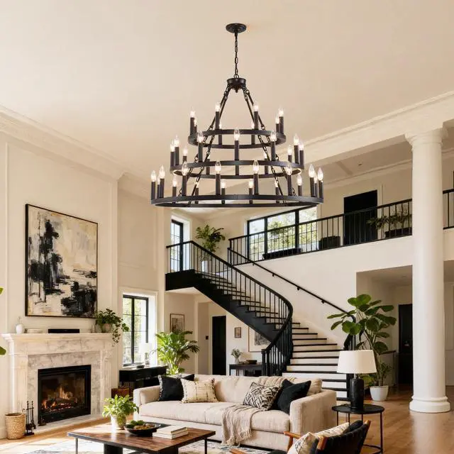 Alt view image 3 of 7 - 39.37 inch 3 Tiers Wagon Wheel Chandelier Farmhouse 36-Light(8+12+16) , Black Metal Chandeliers 3-Story Light Fixtures industrial for High Ceiling Living Dining Room Foyer. Adjustable Height-E12