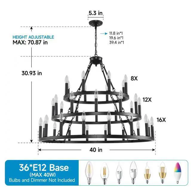 Alt view image 7 of 7 - 39.37 inch 3 Tiers Wagon Wheel Chandelier Farmhouse 36-Light(8+12+16) , Black Metal Chandeliers 3-Story Light Fixtures industrial for High Ceiling Living Dining Room Foyer. Adjustable Height-E12