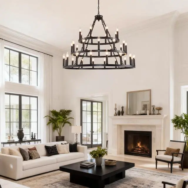Alt view image 6 of 7 - 39.37 inch 3 Tiers Wagon Wheel Chandelier Farmhouse 36-Light(8+12+16) , Black Metal Chandeliers 3-Story Light Fixtures industrial for High Ceiling Living Dining Room Foyer. Adjustable Height-E12