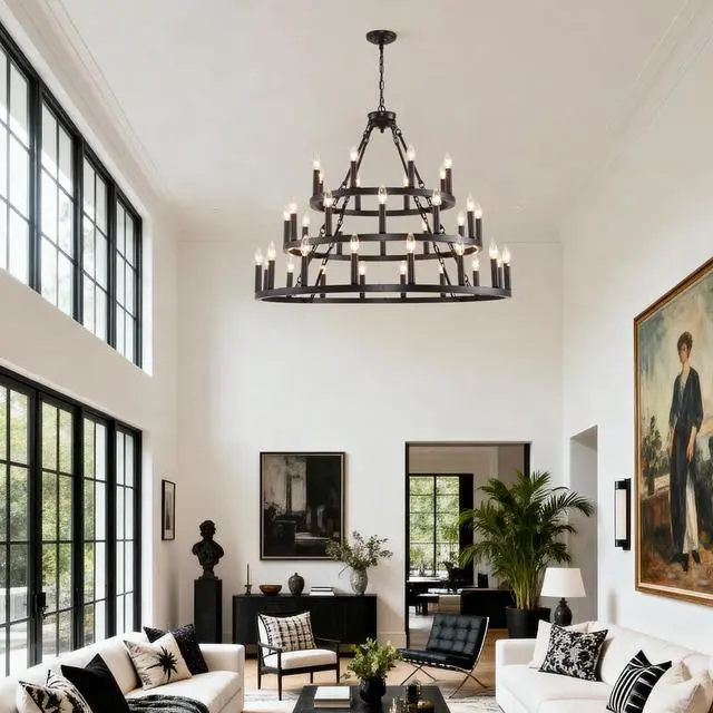 Alt view image 5 of 7 - 39.37 inch 3 Tiers Wagon Wheel Chandelier Farmhouse 36-Light(8+12+16) , Black Metal Chandeliers 3-Story Light Fixtures industrial for High Ceiling Living Dining Room Foyer. Adjustable Height-E12