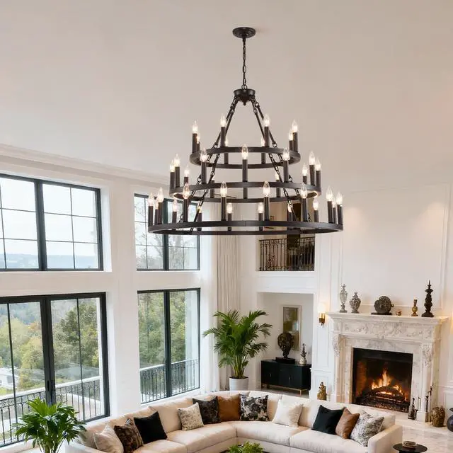 Alt view image 4 of 7 - 39.37 inch 3 Tiers Wagon Wheel Chandelier Farmhouse 36-Light(8+12+16) , Black Metal Chandeliers 3-Story Light Fixtures industrial for High Ceiling Living Dining Room Foyer. Adjustable Height-E12