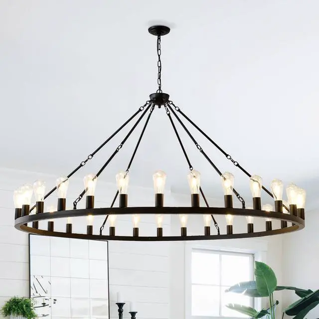 Main image of 64 inch Matte Black Wagon Wheel Chandelier with 30-Lights (No Bulbs)-E26