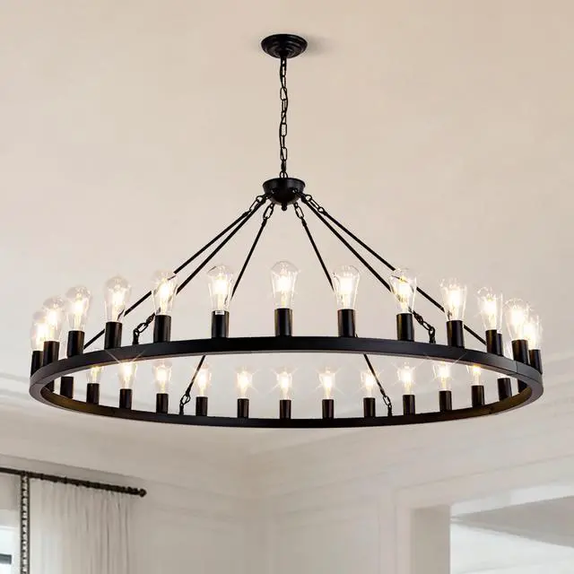 Alt view image 2 of 7 - 64 inch Matte Black Wagon Wheel Chandelier with 30-Lights (No Bulbs)-E26