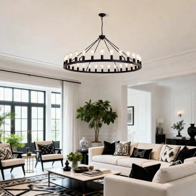 Alt view image 4 of 7 - 64 inch Matte Black Wagon Wheel Chandelier with 30-Lights (No Bulbs)-E26