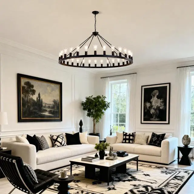 Alt view image 5 of 7 - 64 inch Matte Black Wagon Wheel Chandelier with 30-Lights (No Bulbs)-E26
