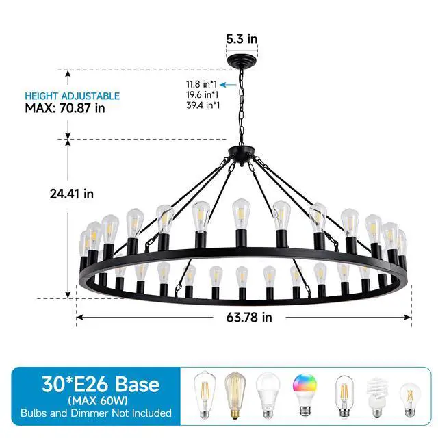 Alt view image 7 of 7 - 64 inch Matte Black Wagon Wheel Chandelier with 30-Lights (No Bulbs)-E26