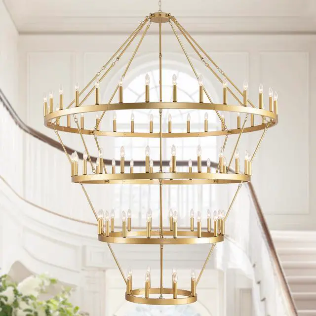 Main image of 69.3 inch 4 Tiers Wagon Wheel Chandelier Farmhouse 80-Light , Gold Color Metal Chandeliers 4-Story Light Fixtures industrial for High Ceiling Living Dining Room Foyer. Adjustable Height-E12
