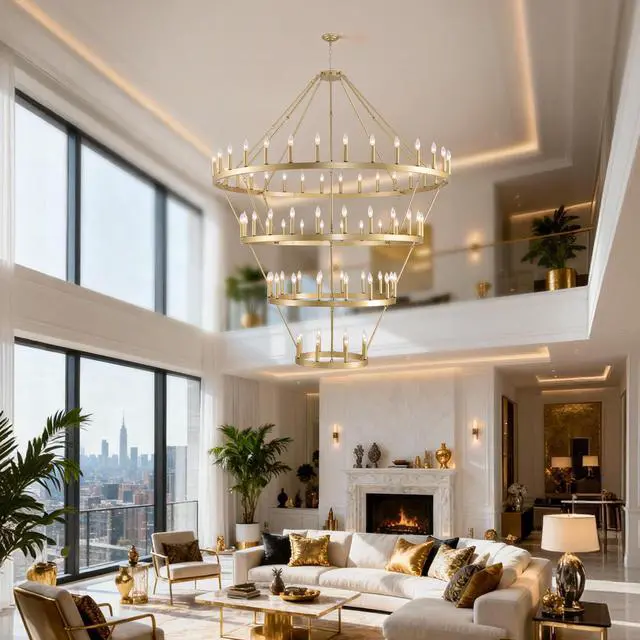 Alt view image 3 of 7 - 69.3 inch 4 Tiers Wagon Wheel Chandelier Farmhouse 80-Light , Gold Color Metal Chandeliers 4-Story Light Fixtures industrial for High Ceiling Living Dining Room Foyer. Adjustable Height-E12