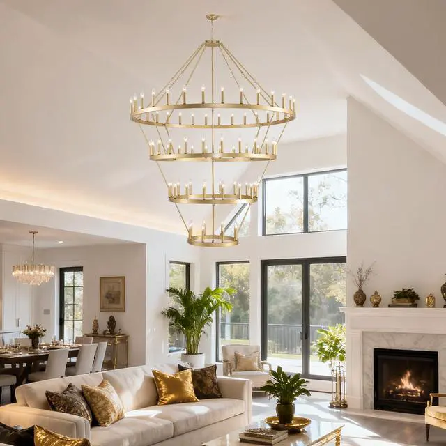 Alt view image 2 of 7 - 69.3 inch 4 Tiers Wagon Wheel Chandelier Farmhouse 80-Light , Gold Color Metal Chandeliers 4-Story Light Fixtures industrial for High Ceiling Living Dining Room Foyer. Adjustable Height-E12