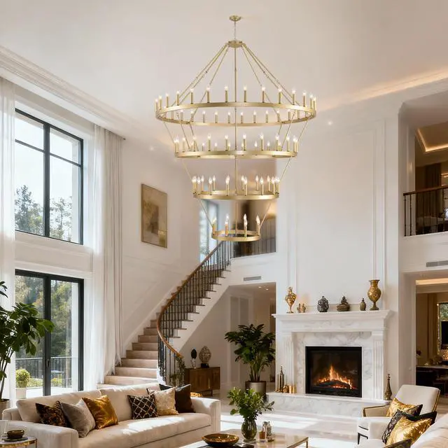 Alt view image 4 of 7 - 69.3 inch 4 Tiers Wagon Wheel Chandelier Farmhouse 80-Light , Gold Color Metal Chandeliers 4-Story Light Fixtures industrial for High Ceiling Living Dining Room Foyer. Adjustable Height-E12