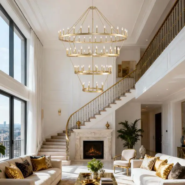 Alt view image 5 of 7 - 69.3 inch 4 Tiers Wagon Wheel Chandelier Farmhouse 80-Light , Gold Color Metal Chandeliers 4-Story Light Fixtures industrial for High Ceiling Living Dining Room Foyer. Adjustable Height-E12