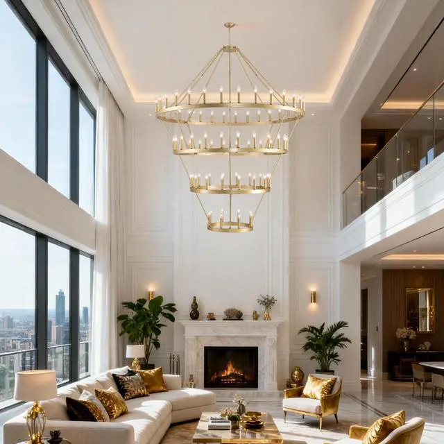 Alt view image 6 of 7 - 69.3 inch 4 Tiers Wagon Wheel Chandelier Farmhouse 80-Light , Gold Color Metal Chandeliers 4-Story Light Fixtures industrial for High Ceiling Living Dining Room Foyer. Adjustable Height-E12