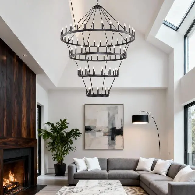 Alt view image 5 of 7 - 69.3 inch 4 Tiers Wagon Wheel Chandelier Farmhouse 80-Lights , Black Metal Chandeliers 4-Story Light Fixtures industrial for High Ceiling Living Dining Room Foyer. Adjustable Height-E12-Matte Black