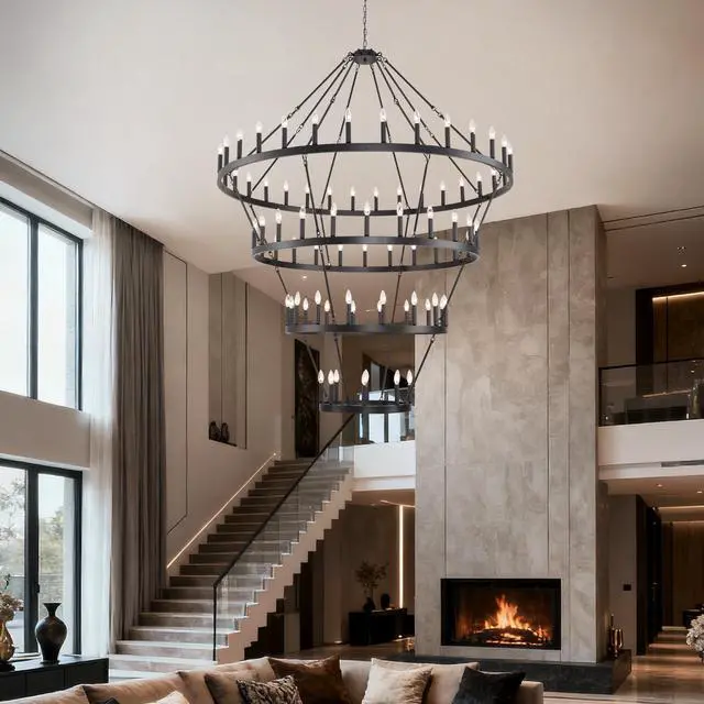 Alt view image 6 of 7 - 69.3 inch 4 Tiers Wagon Wheel Chandelier Farmhouse 80-Lights , Black Metal Chandeliers 4-Story Light Fixtures industrial for High Ceiling Living Dining Room Foyer. Adjustable Height-E12-Matte Black