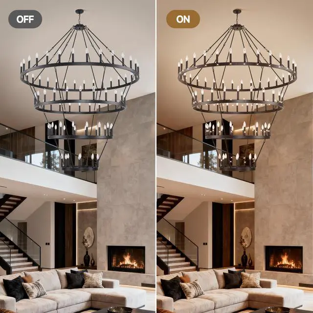 Alt view image 4 of 7 - 69.3 inch 4 Tiers Wagon Wheel Chandelier Farmhouse 80-Lights , Black Metal Chandeliers 4-Story Light Fixtures industrial for High Ceiling Living Dining Room Foyer. Adjustable Height-E12-Matte Black