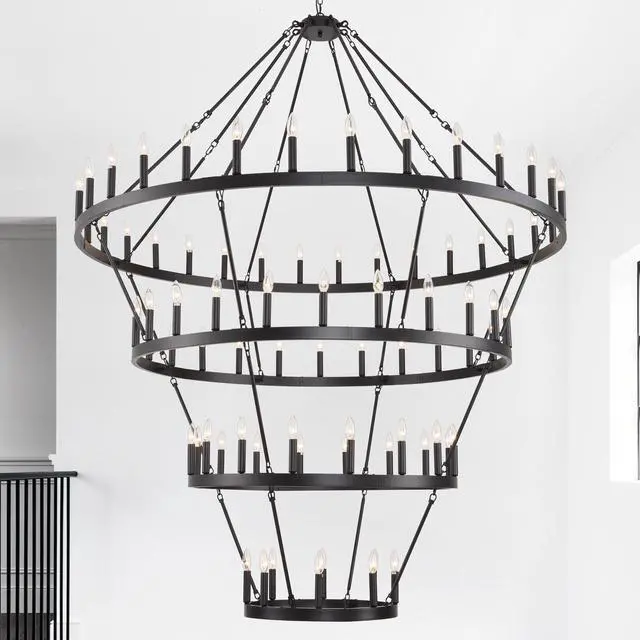 Main image of 69.3 inch 4 Tiers Wagon Wheel Chandelier Farmhouse 80-Lights , Black Metal Chandeliers 4-Story Light Fixtures industrial for High Ceiling Living Dining Room Foyer. Adjustable Height-E12-Matte Black