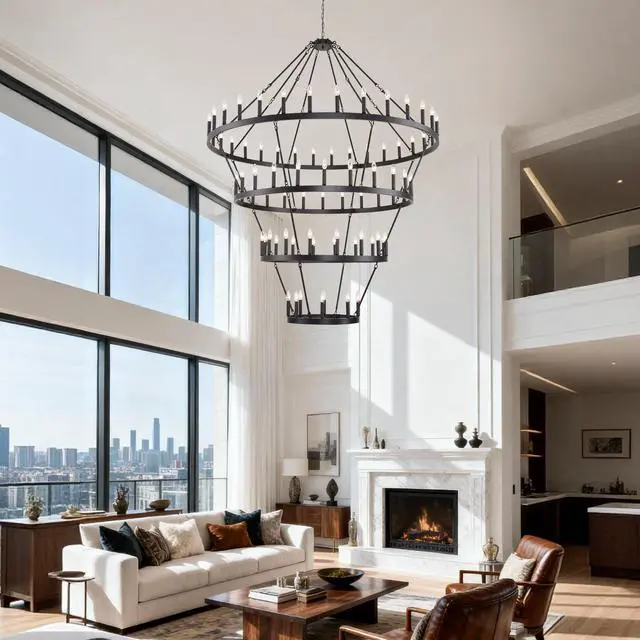 Alt view image 2 of 7 - 69.3 inch 4 Tiers Wagon Wheel Chandelier Farmhouse 80-Lights , Black Metal Chandeliers 4-Story Light Fixtures industrial for High Ceiling Living Dining Room Foyer. Adjustable Height-E12-Matte Black